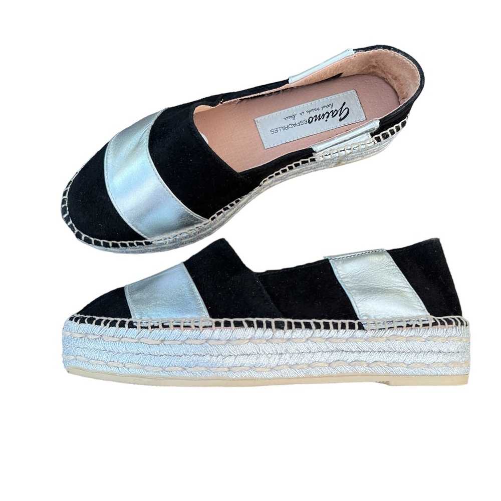 Anthropologie Gaimo Espadrilles Black and Silver Leather Platforms